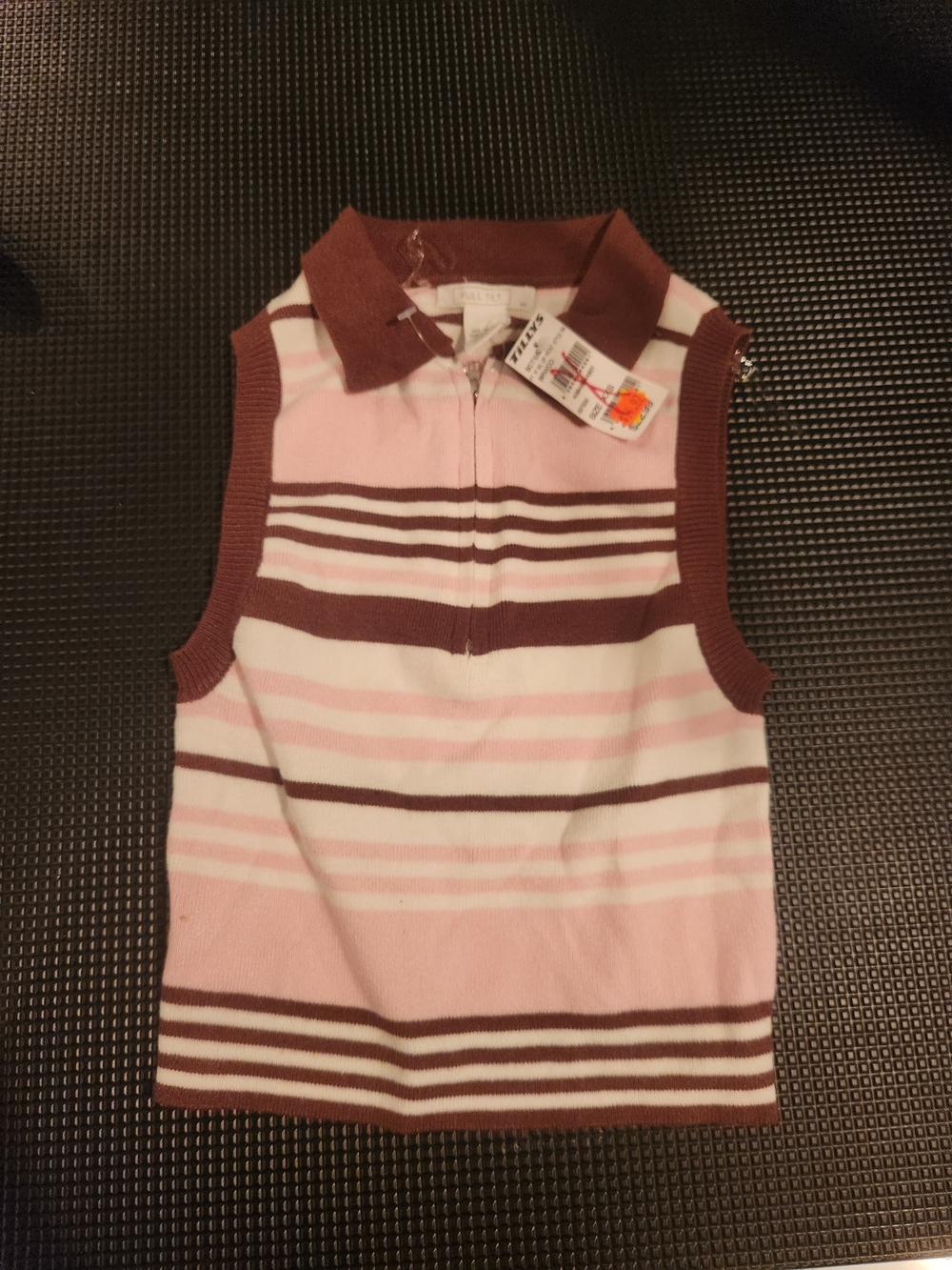 Full Tilt Pink & Brown Striped Sleeveless Zip Polo Tank